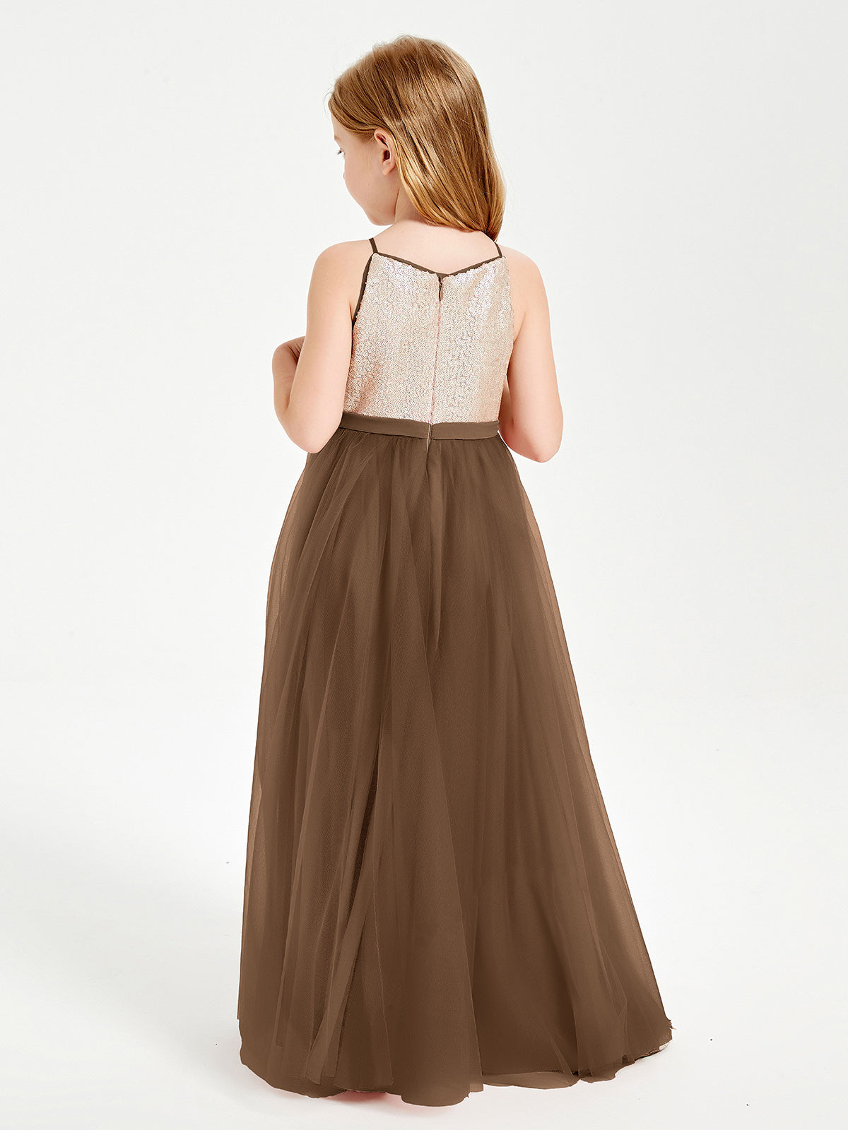 Long Junior Bridesmaid Gown Sequined Top Tulle Skirt Brown